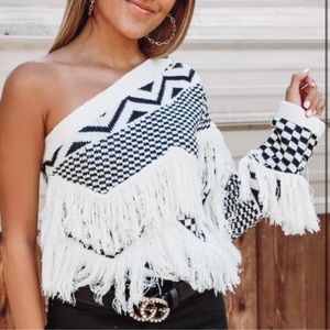 one shoulder fringe aztec sweater